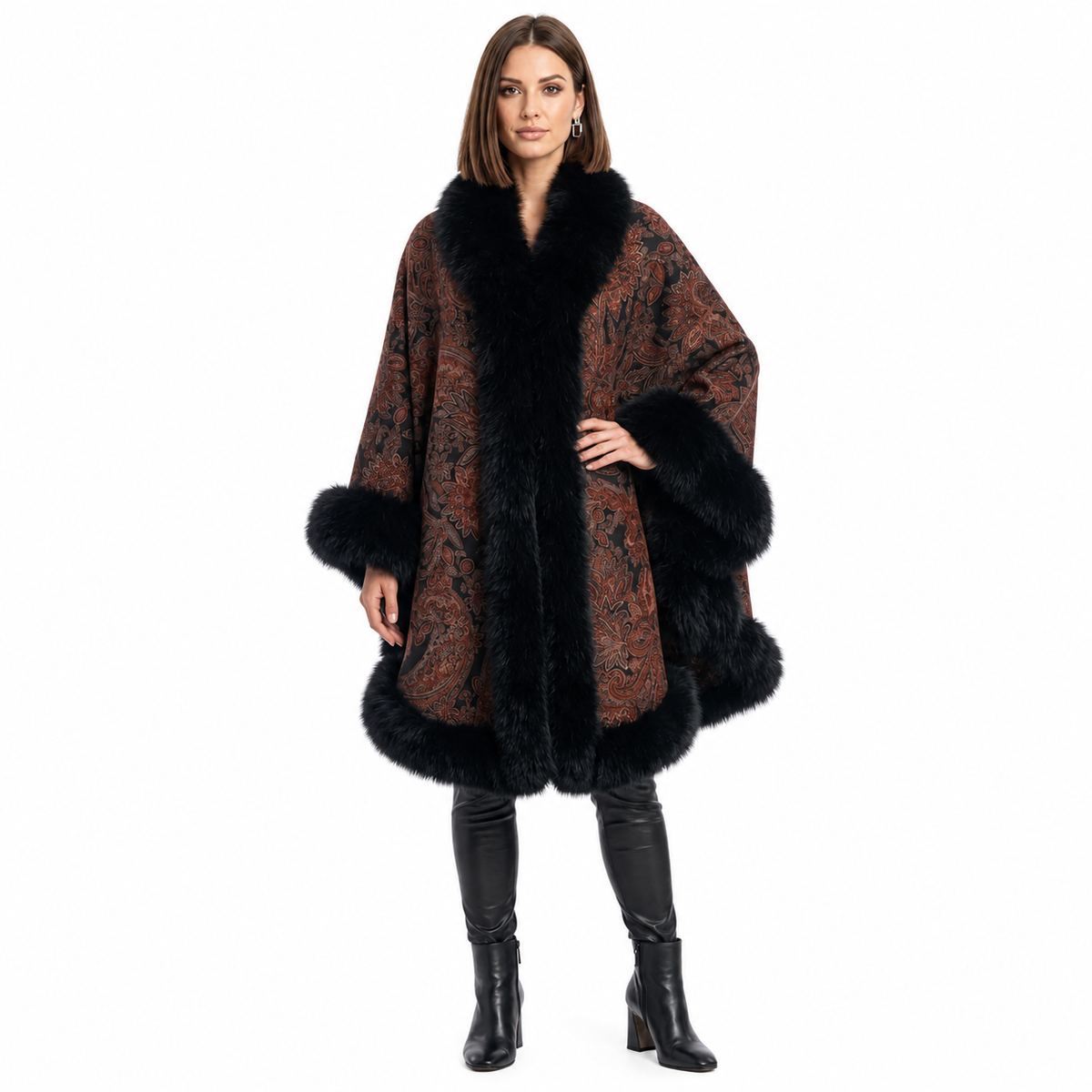 Rust Paisley Cashmere Cape with Black Fox Trim
