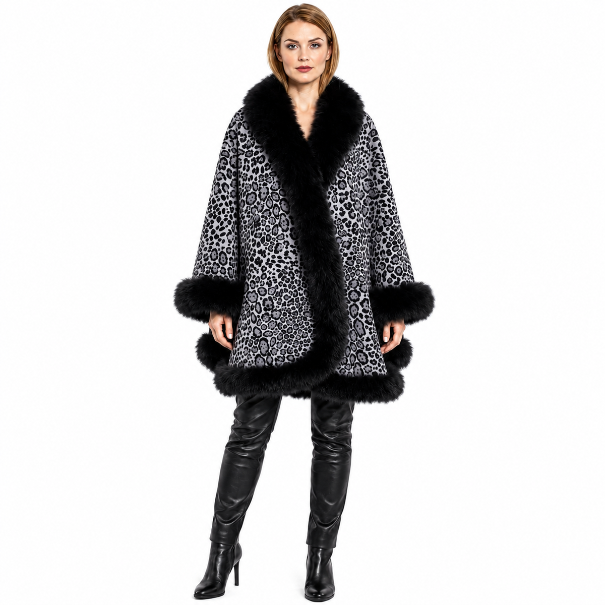 Grey Animal Print Cashmere Cape with Black Fox Trim