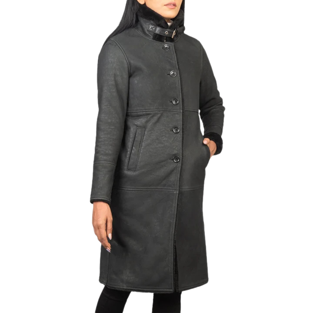 Alina Shearling Black Leather Coat: Timeless Winter Elegance