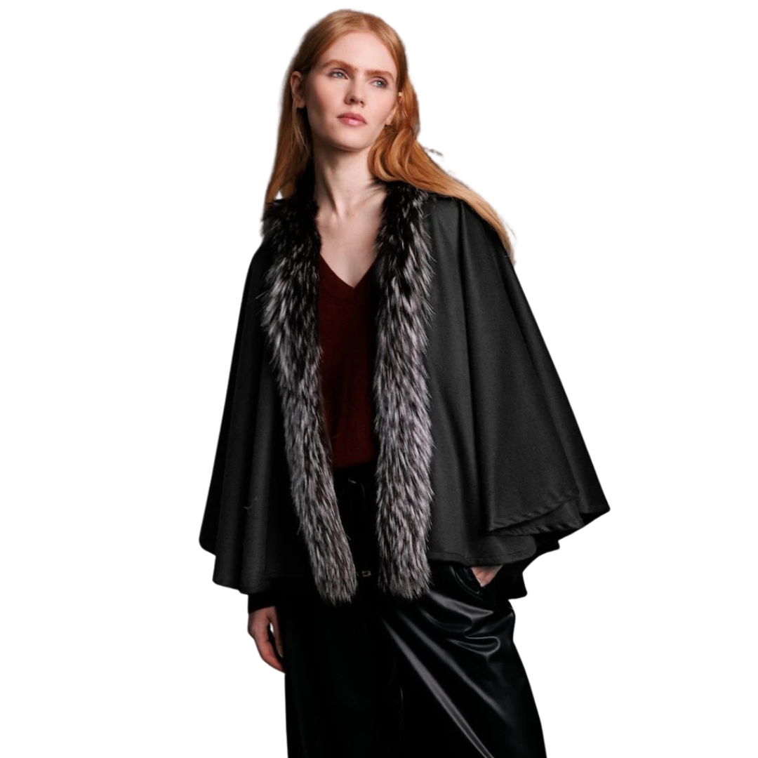 Black Cashmere Cape with Silver Fox Trim: Timeless Luxury