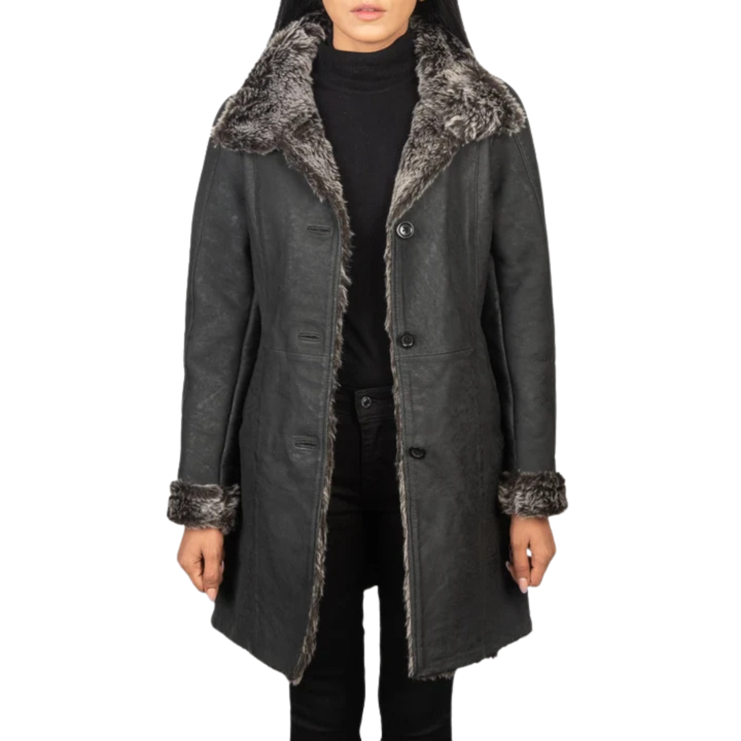 Erica Shearling Black Leather Coat: Timeless Winter Style