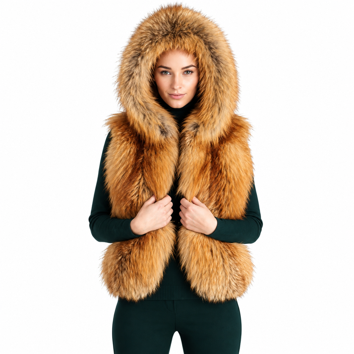 Iris Gold Fox Fur Vest | Luxury Hooded Winter Fashion
