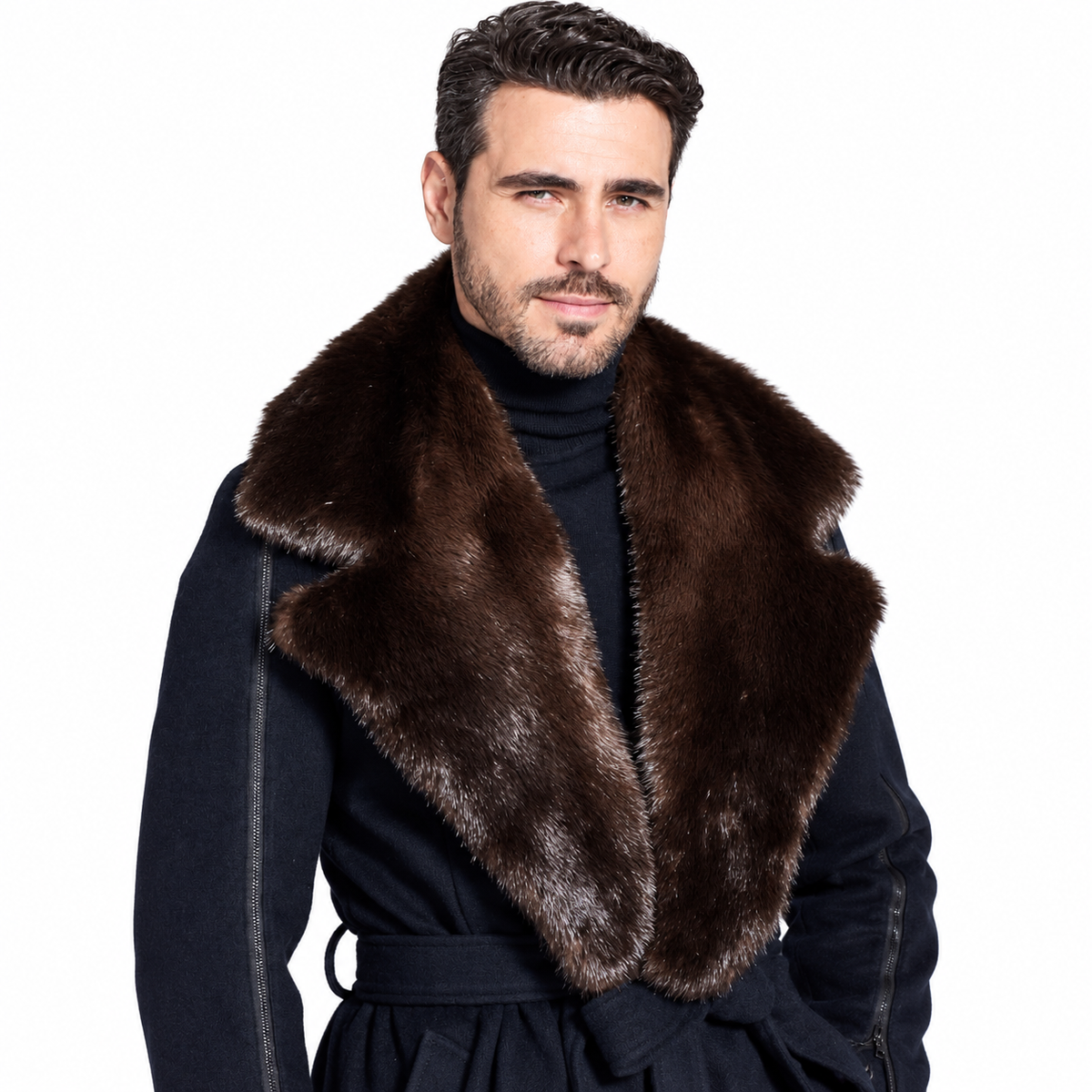 Men's Notched Otter Fur Collar Luxury Winter Coat