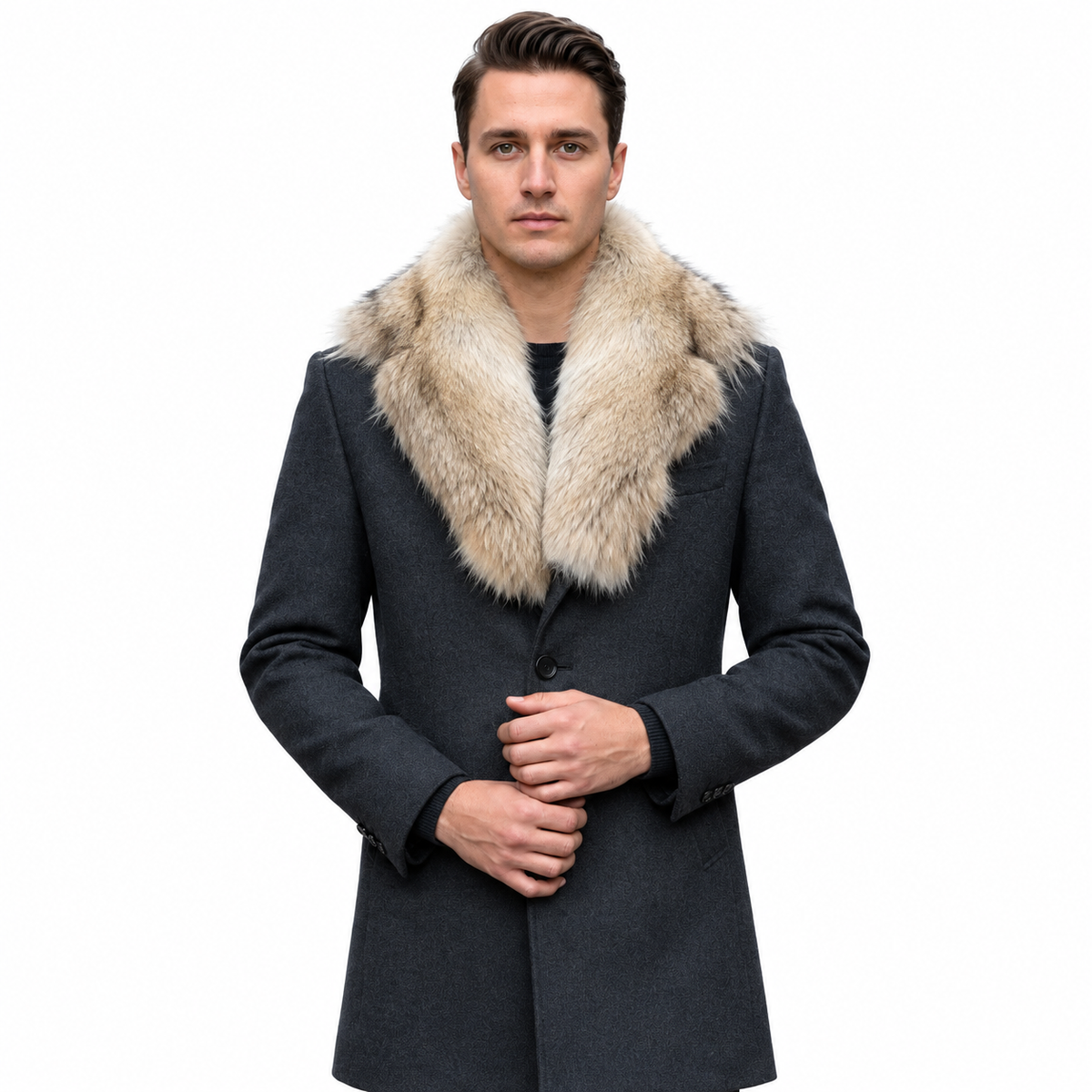 Men's Coyote Fur Notched Collar Wool Overcoat