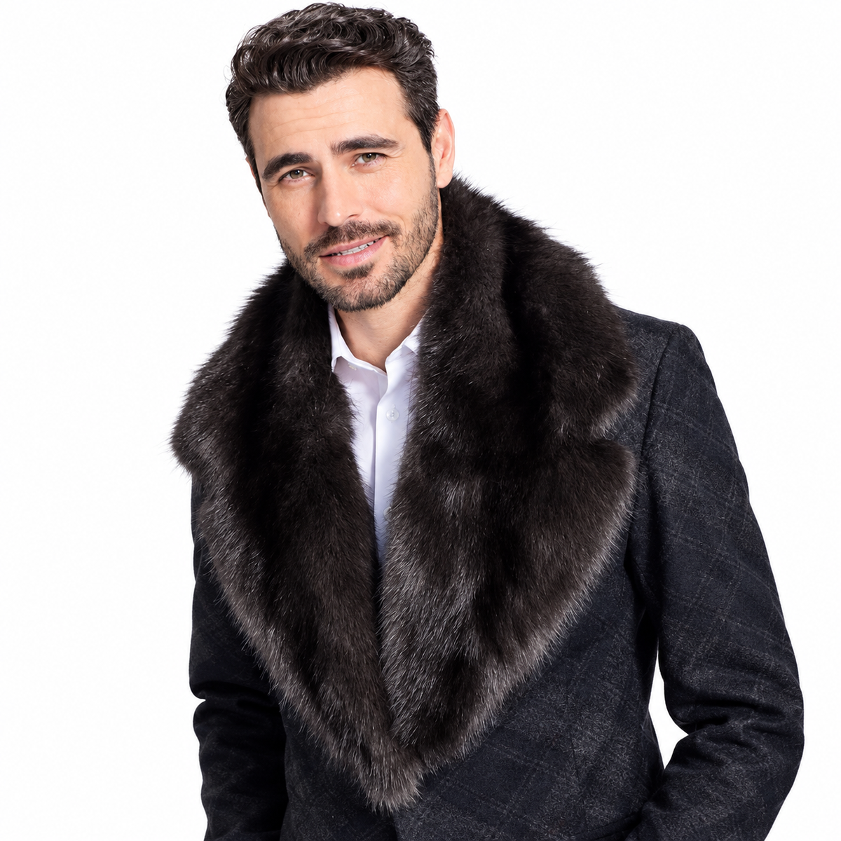 Men's Sable Fur Collar Luxury Charcoal Coat