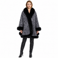 Grey Animal Print Cashmere Cape with Black Fox Trim