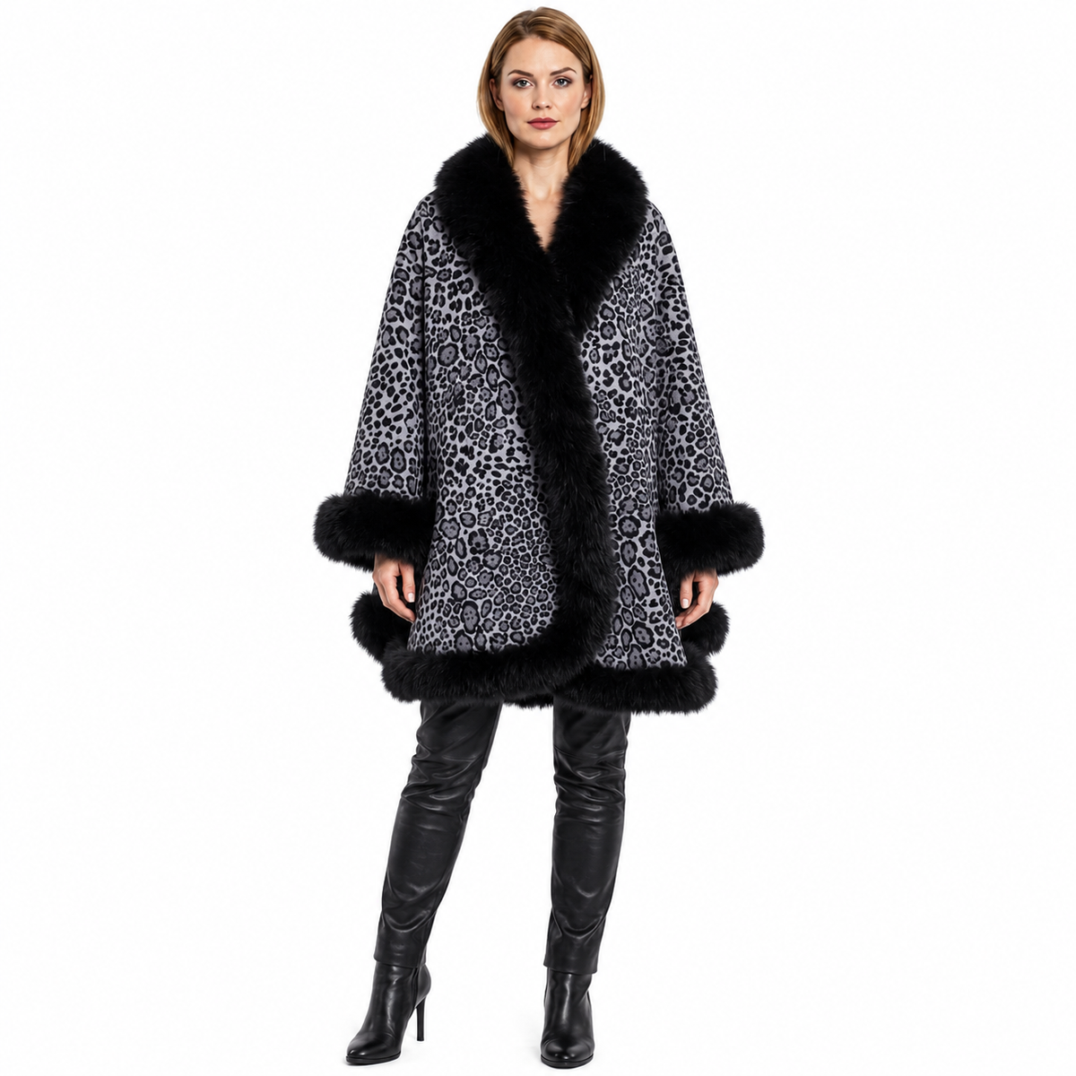 Grey Animal Print Cashmere Cape with Black Fox Trim