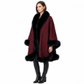 Red Animal Print Cashmere Cape with Black Fox Trim