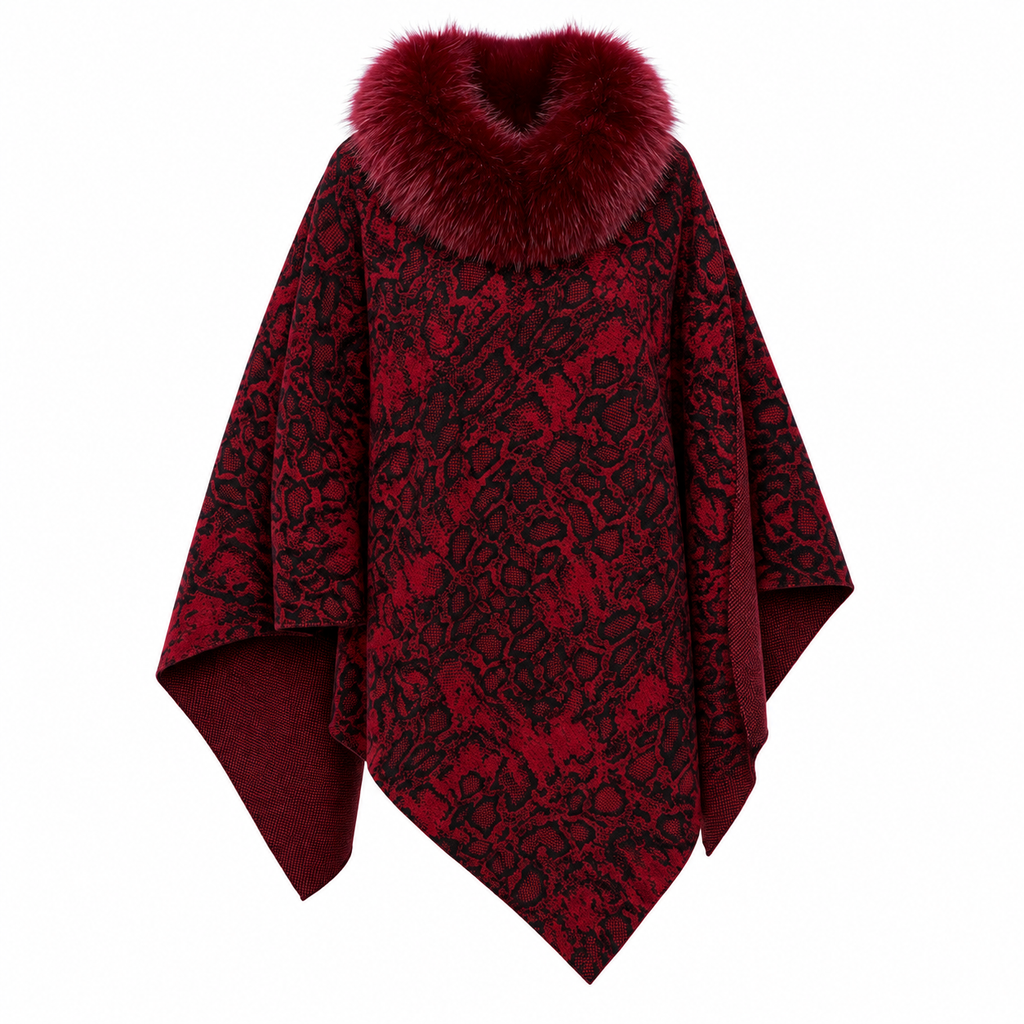 Red Animal Print Cashmere Poncho with Fox Fur Trim