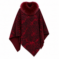 Red Animal Print Cashmere Poncho with Fox Fur Trim