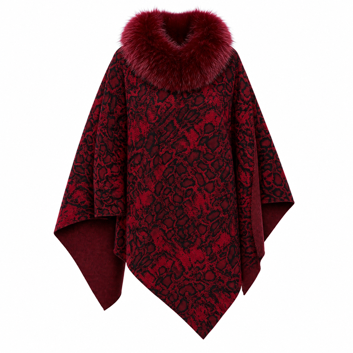 Red Animal Print Cashmere Poncho with Fox Fur Trim
