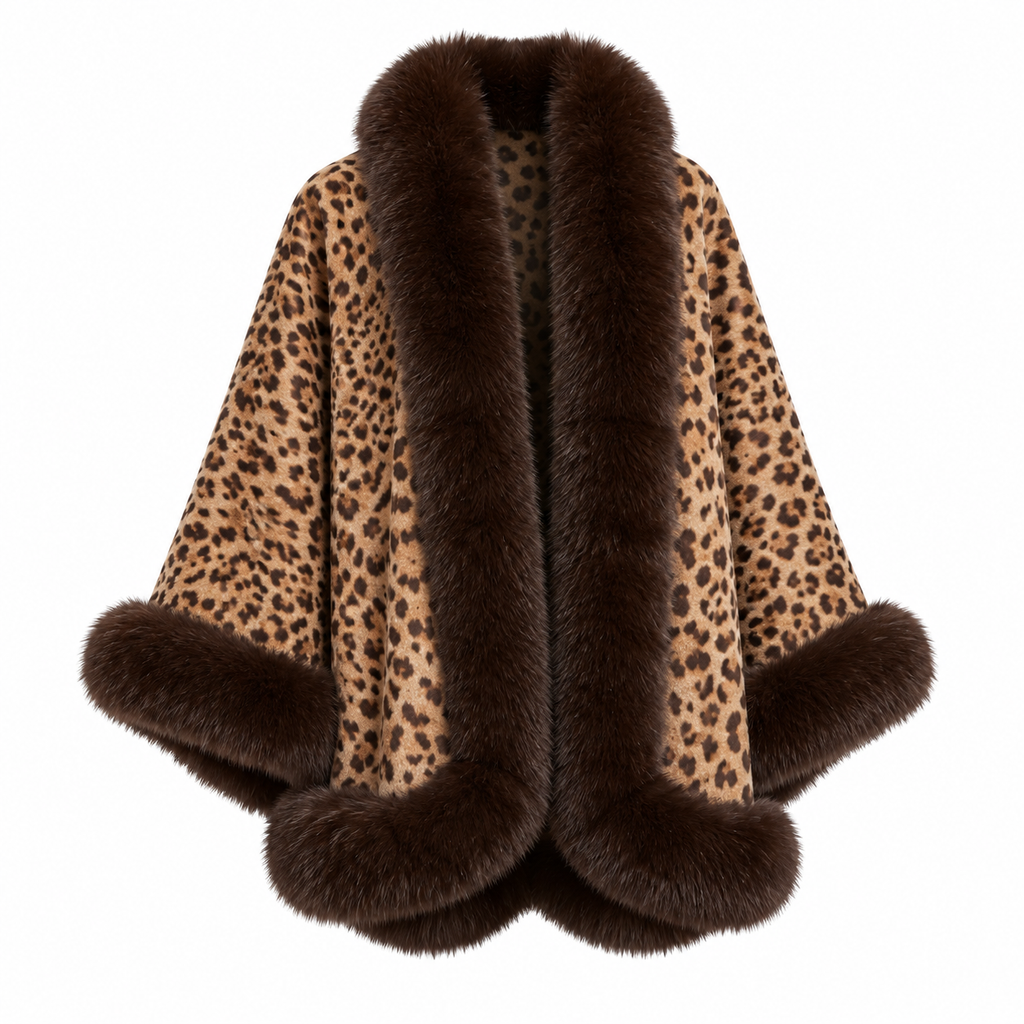 Leopard Print Cashmere Cape with Brown Fox Fur Trim