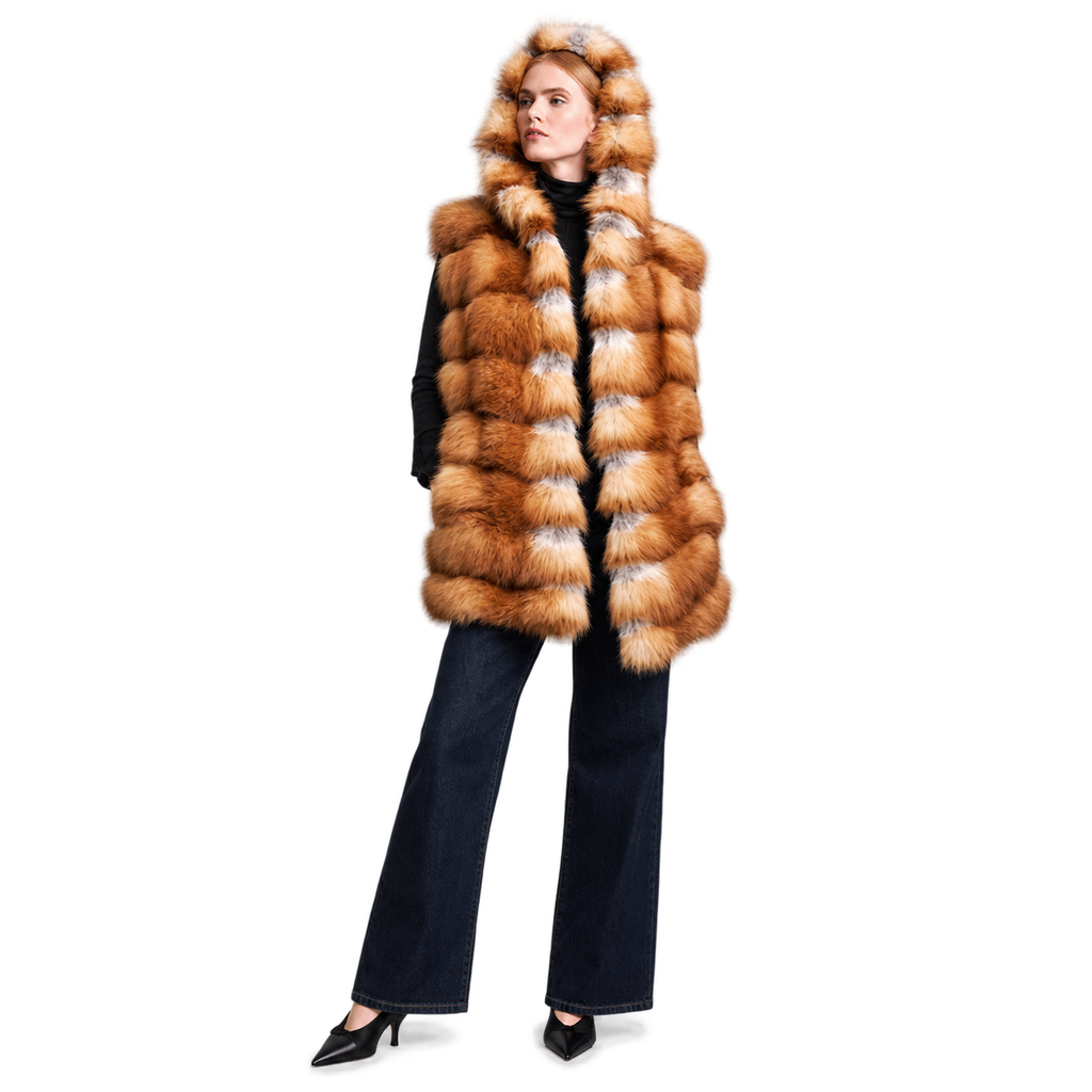 Phoebe Red Fox Fur Horizontal Hooded Vest for Women