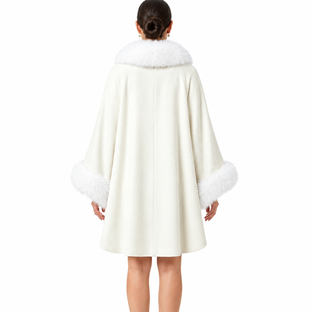 White Cashmere Capelet with Fox Fur Trim – Elegant Wrap