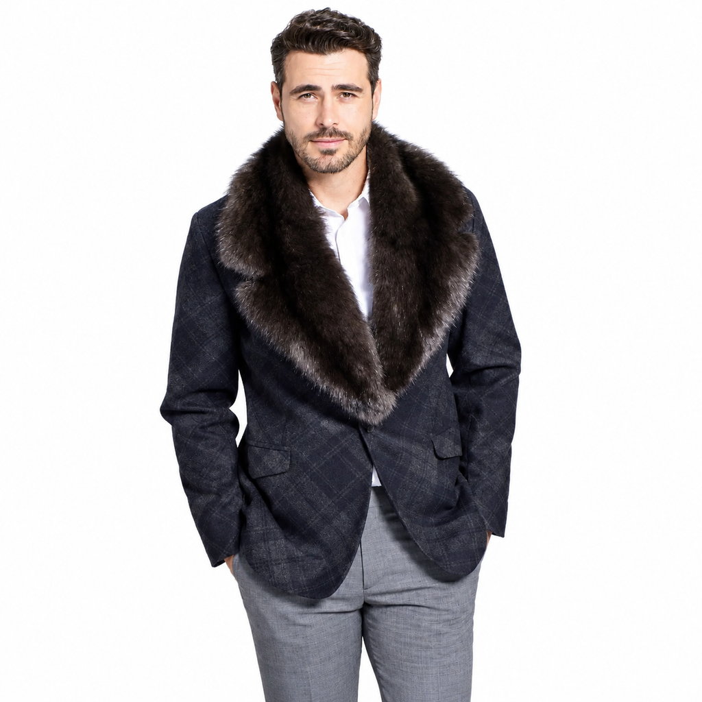 Men's Sable Fur Collar Luxury Charcoal Coat
