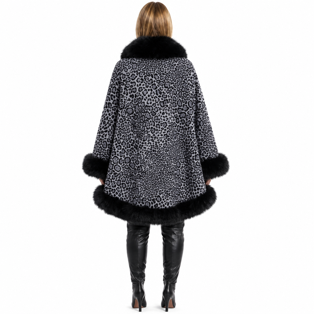 Grey Animal Print Cashmere Cape with Black Fox Trim