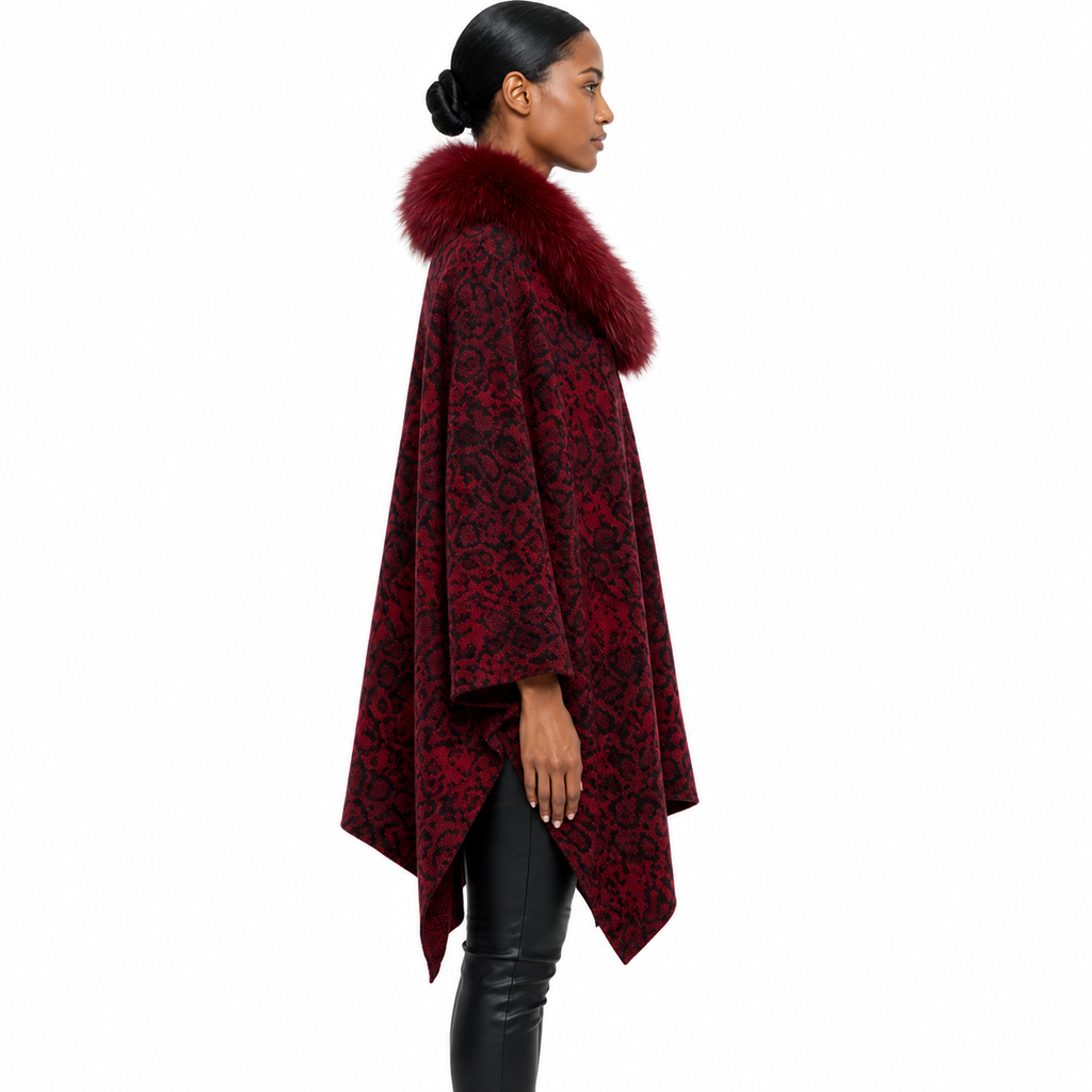 Red Animal Print Cashmere Poncho with Fox Fur Trim