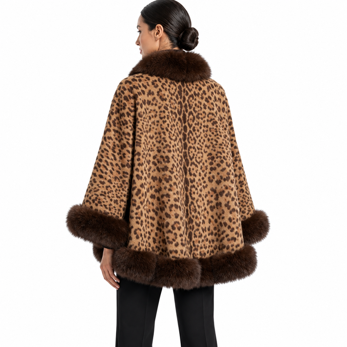 Leopard Print Cashmere Cape with Brown Fox Fur Trim