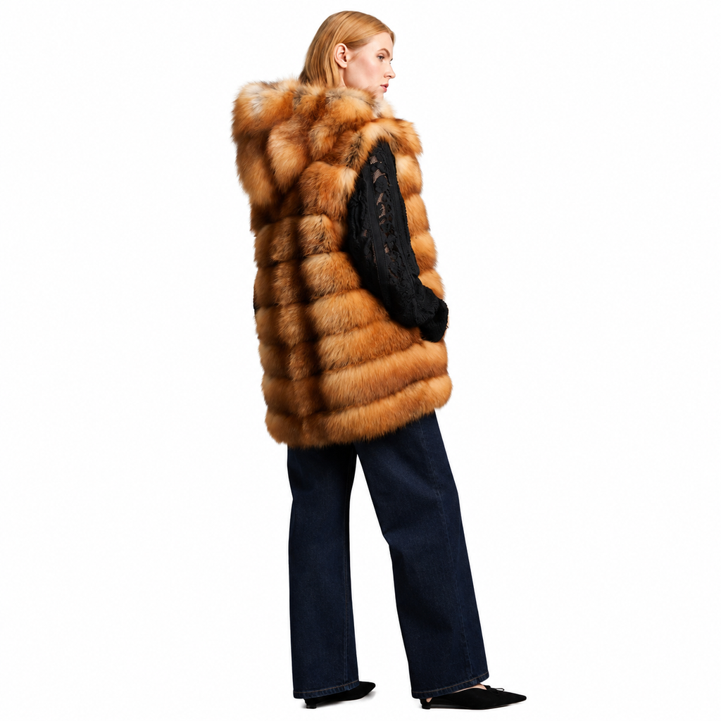 Phoebe Red Fox Fur Horizontal Hooded Vest for Women