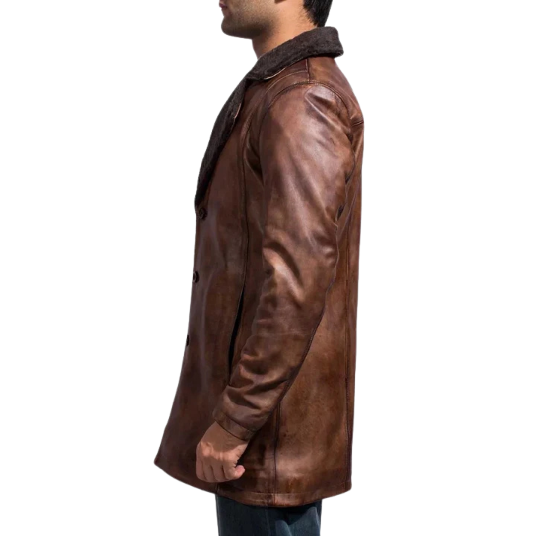Cinnamon Distressed Leather Fur Coat for Men