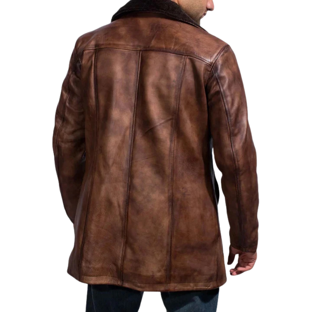 Cinnamon Distressed Leather Fur Coat for Men
