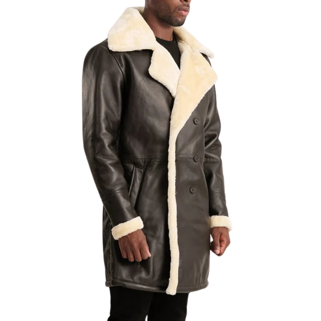 Charles Brown Leather Shearling Double-Breasted Coat