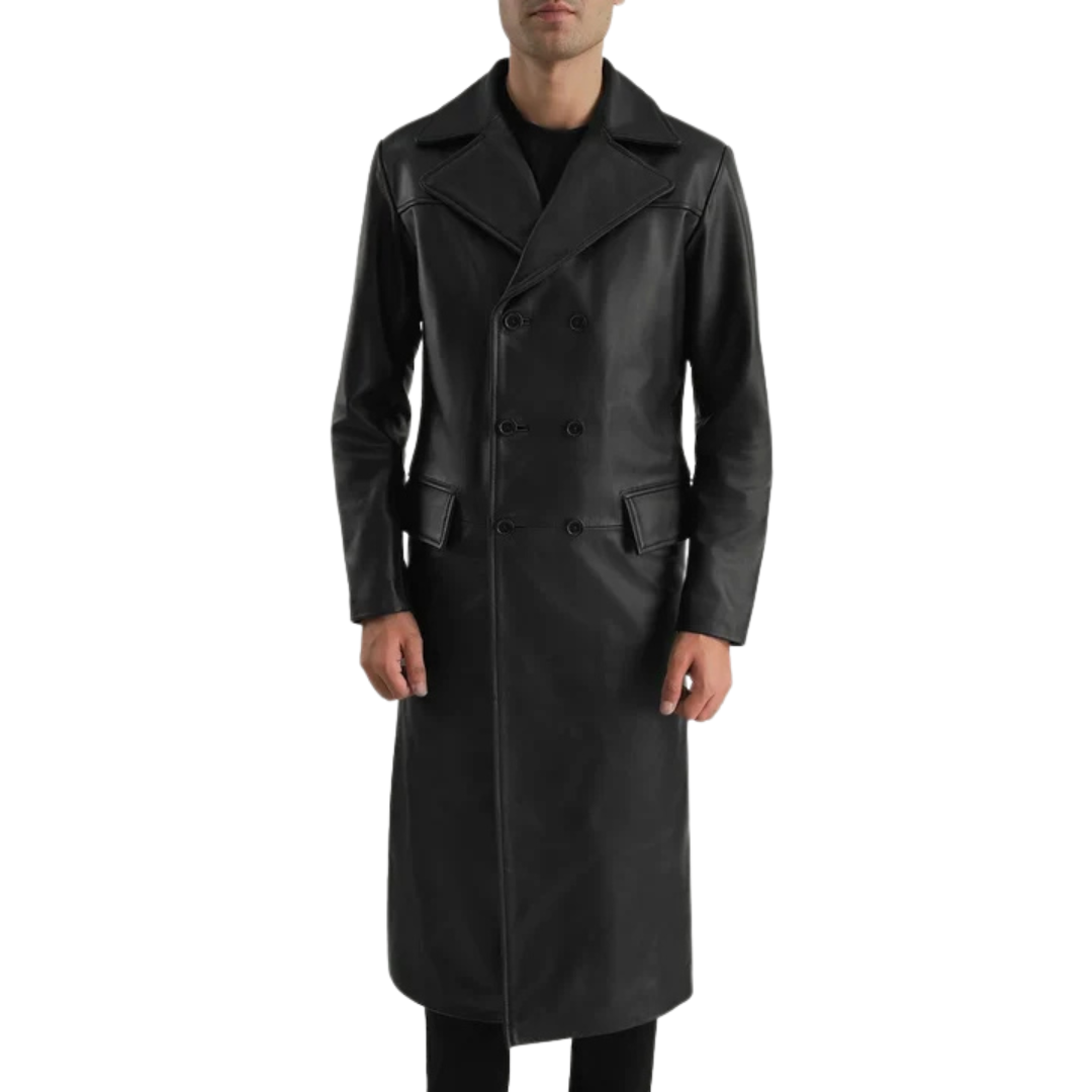 Delmar Black Leather Double-Breasted Coat for Men