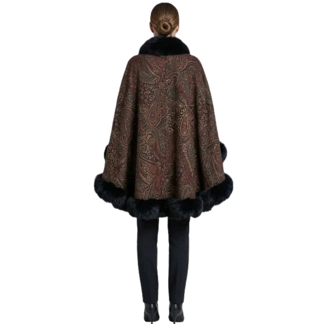 Paisley Print Cashmere Cape with Black Fox Fur Trim