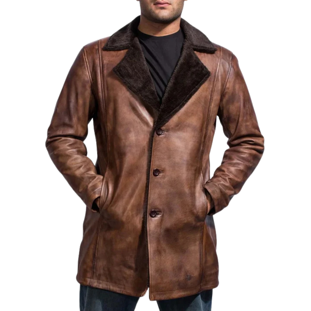 Cinnamon Distressed Leather Fur Coat for Men
