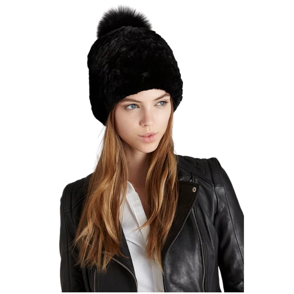 Harper Black Fur Pom-Pom Hat – Chic Winter Accessory