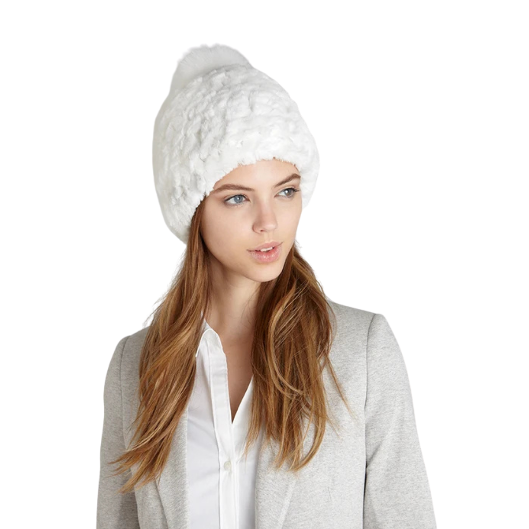 Harper White Pom-Pom Fur Hat – Elegant Winter Accessory