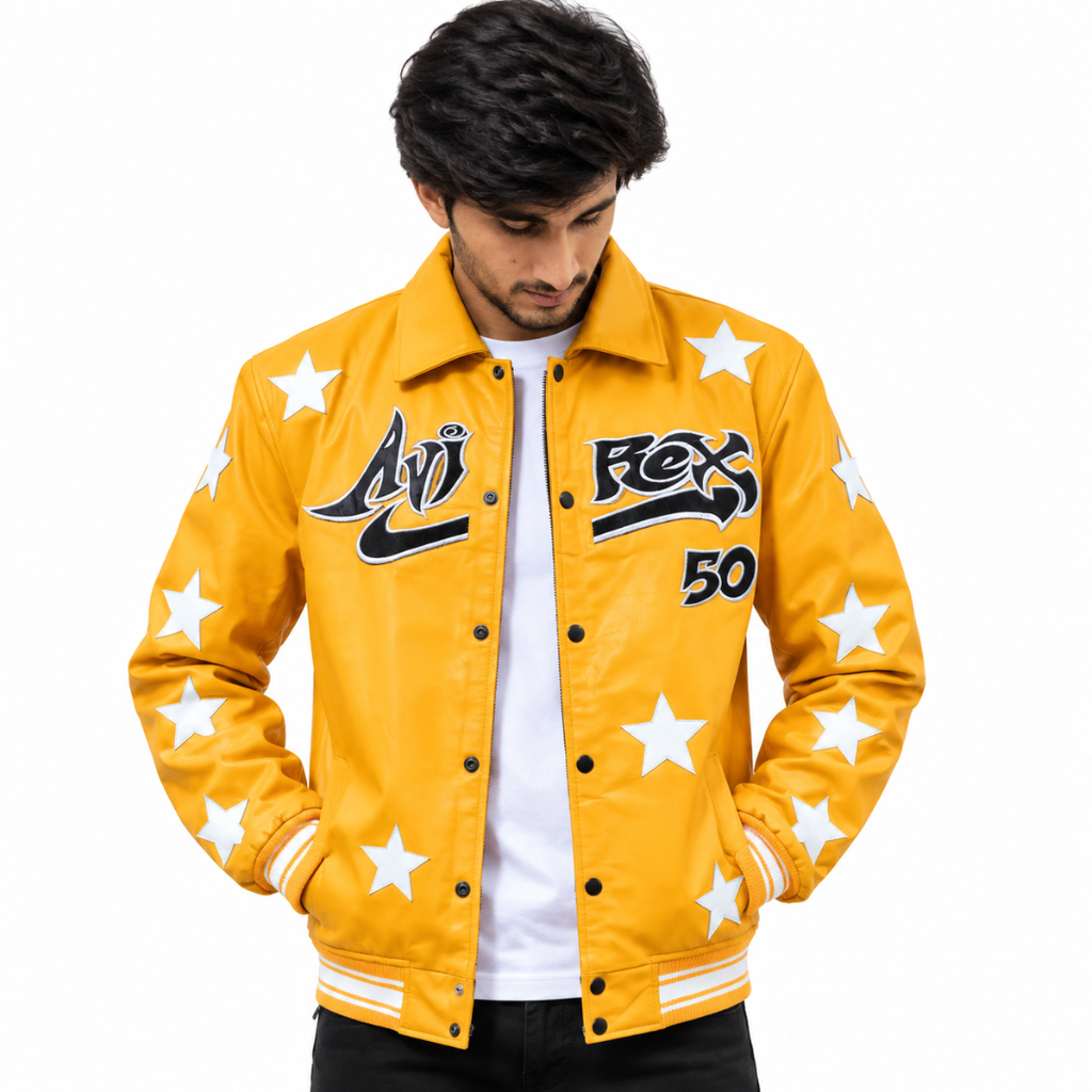 Yellow Star Patch Leather Jacket for Men – Streetwear