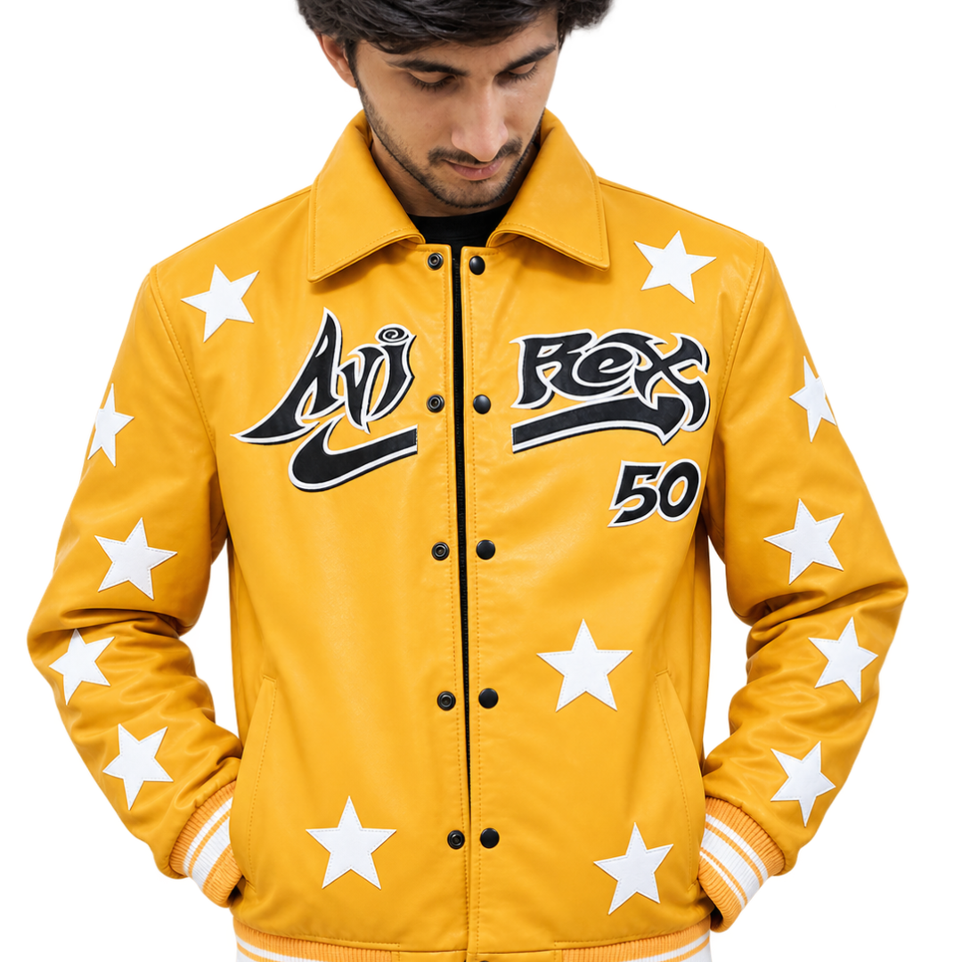 Yellow Star Patch Leather Jacket for Men – Streetwear