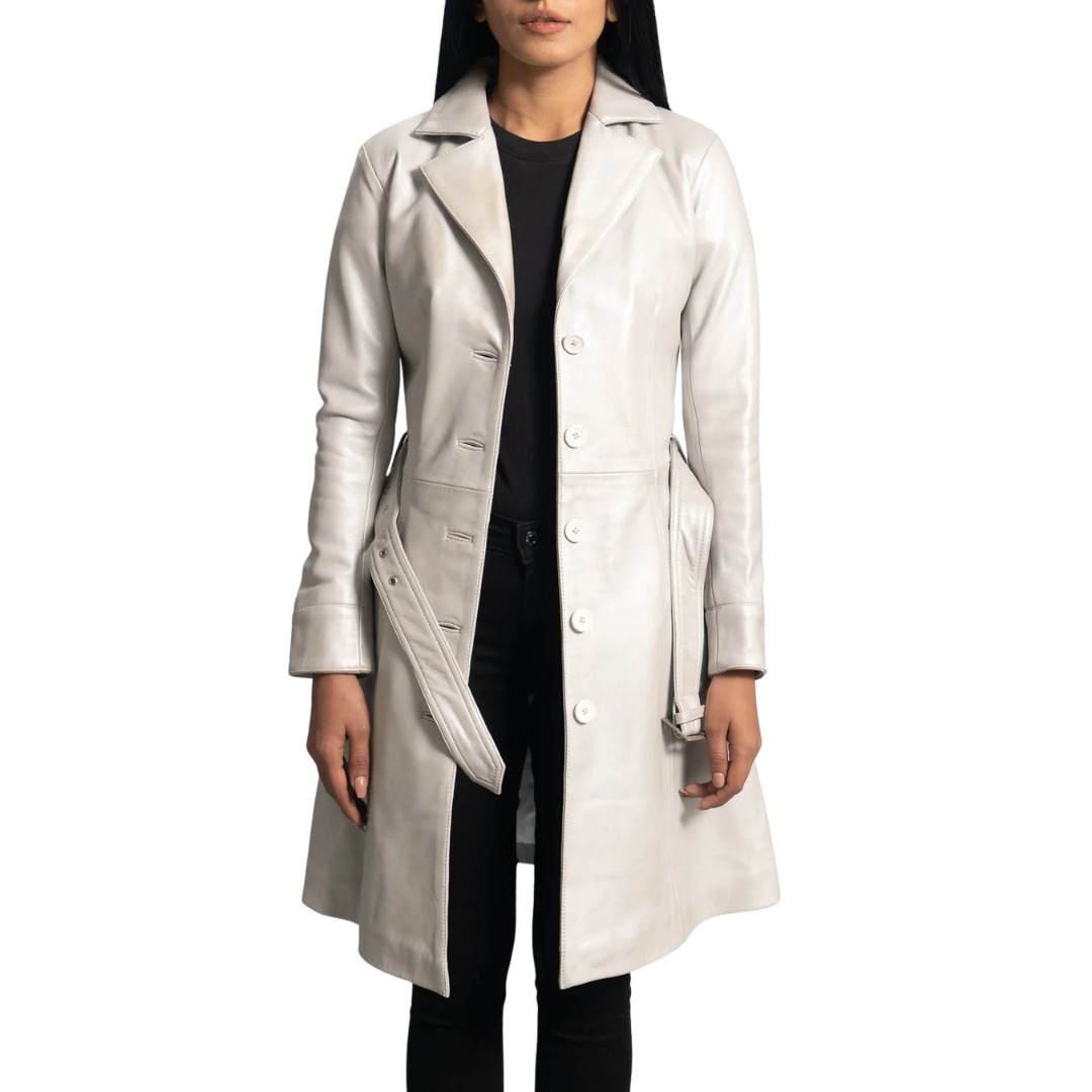 Moonlight Silver Leather Trench Coat for Women