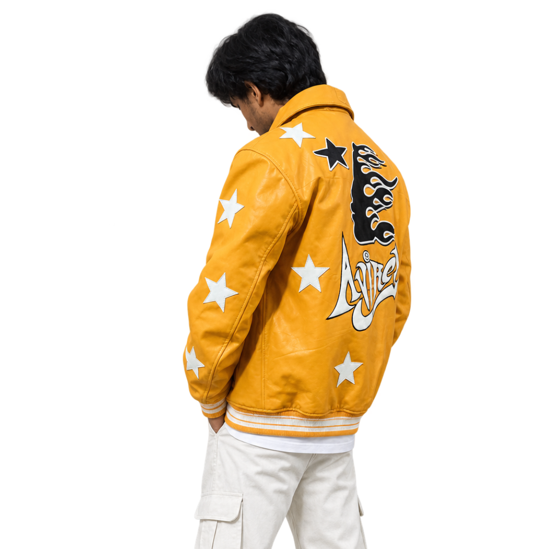 Yellow Star Patch Leather Jacket for Men – Streetwear