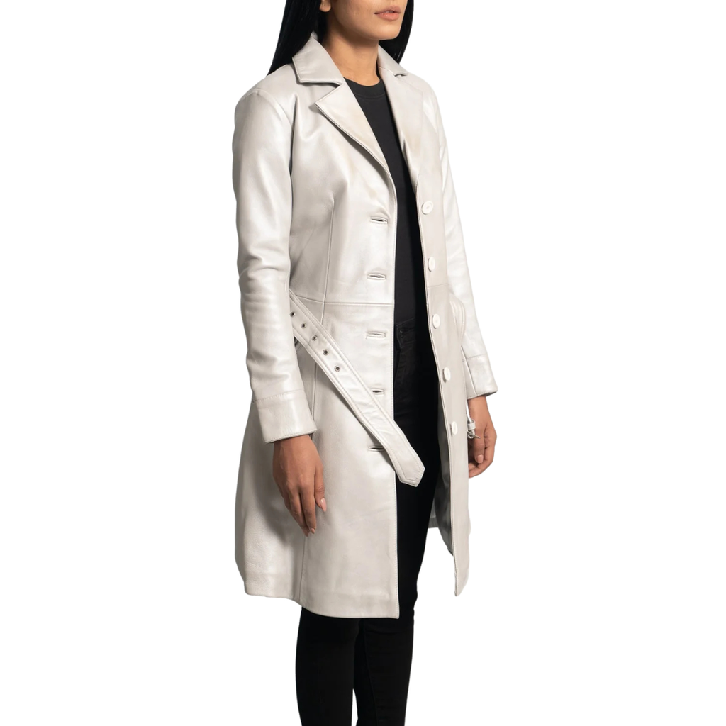 Moonlight Silver Leather Trench Coat for Women