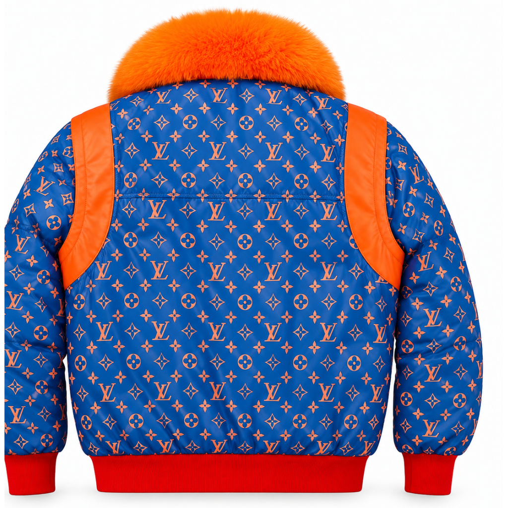 Men’s Blue Monogram Puffer Jacket with Fur Collar