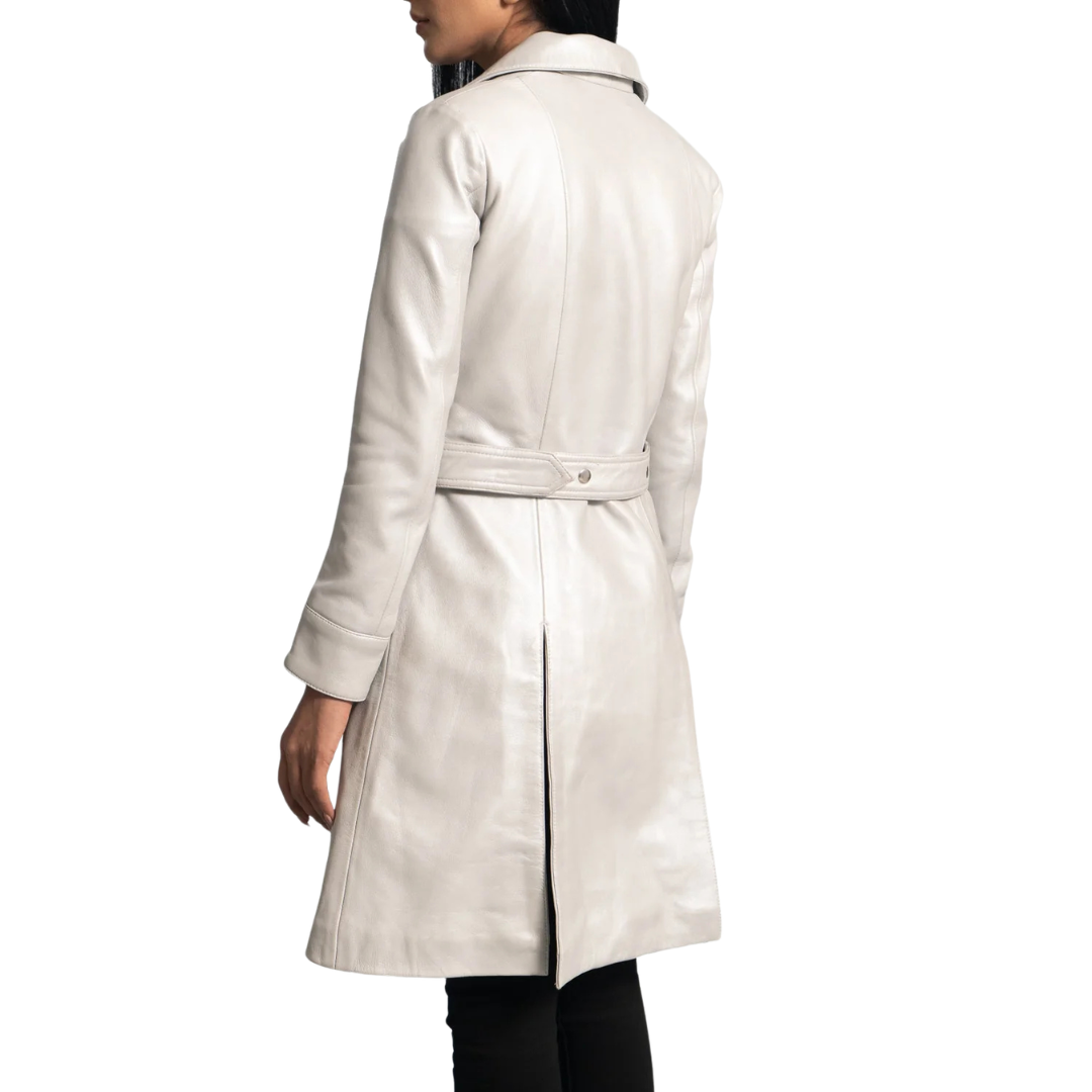 Moonlight Silver Leather Trench Coat for Women