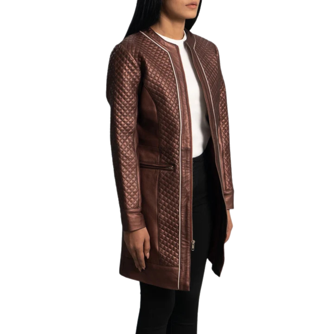 Trudy Lane Quilted Maroon Leather Coat for Women