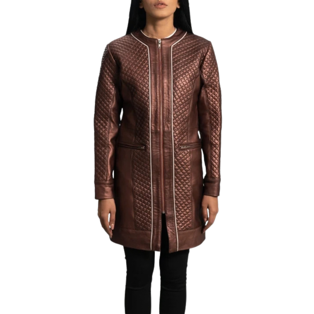 Trudy Lane Quilted Maroon Leather Coat for Women