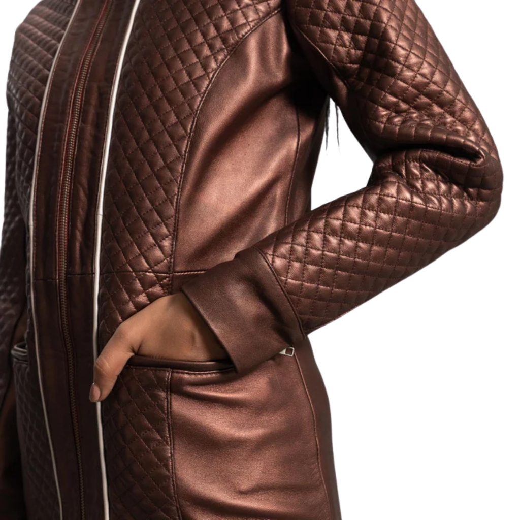 Trudy Lane Quilted Maroon Leather Coat for Women