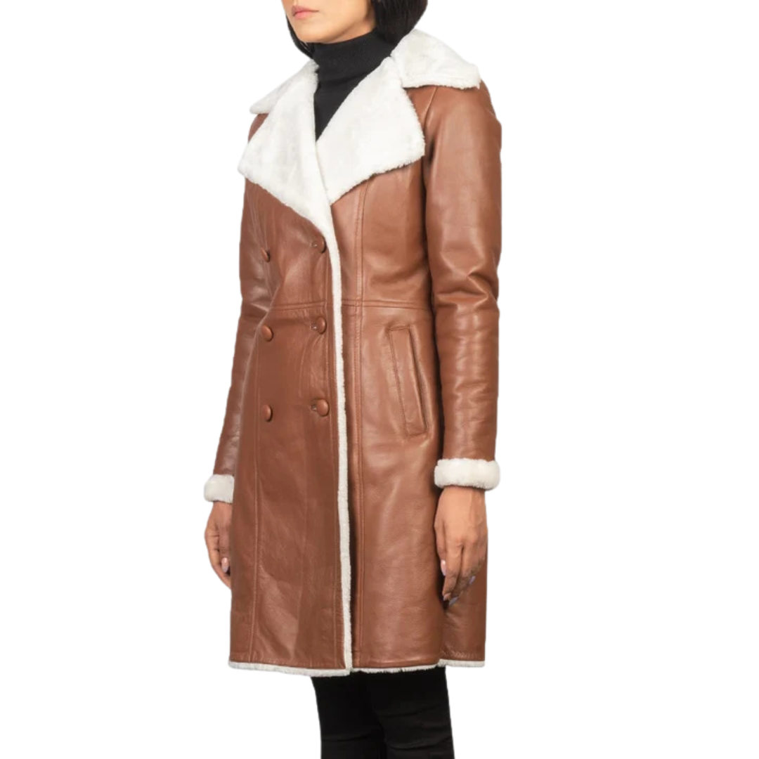 Amie Brown Double-Breasted Shearling Coat for Women