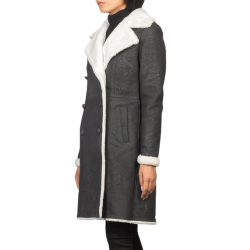 Amie Black Double-Breasted Shearling Coat for Women
