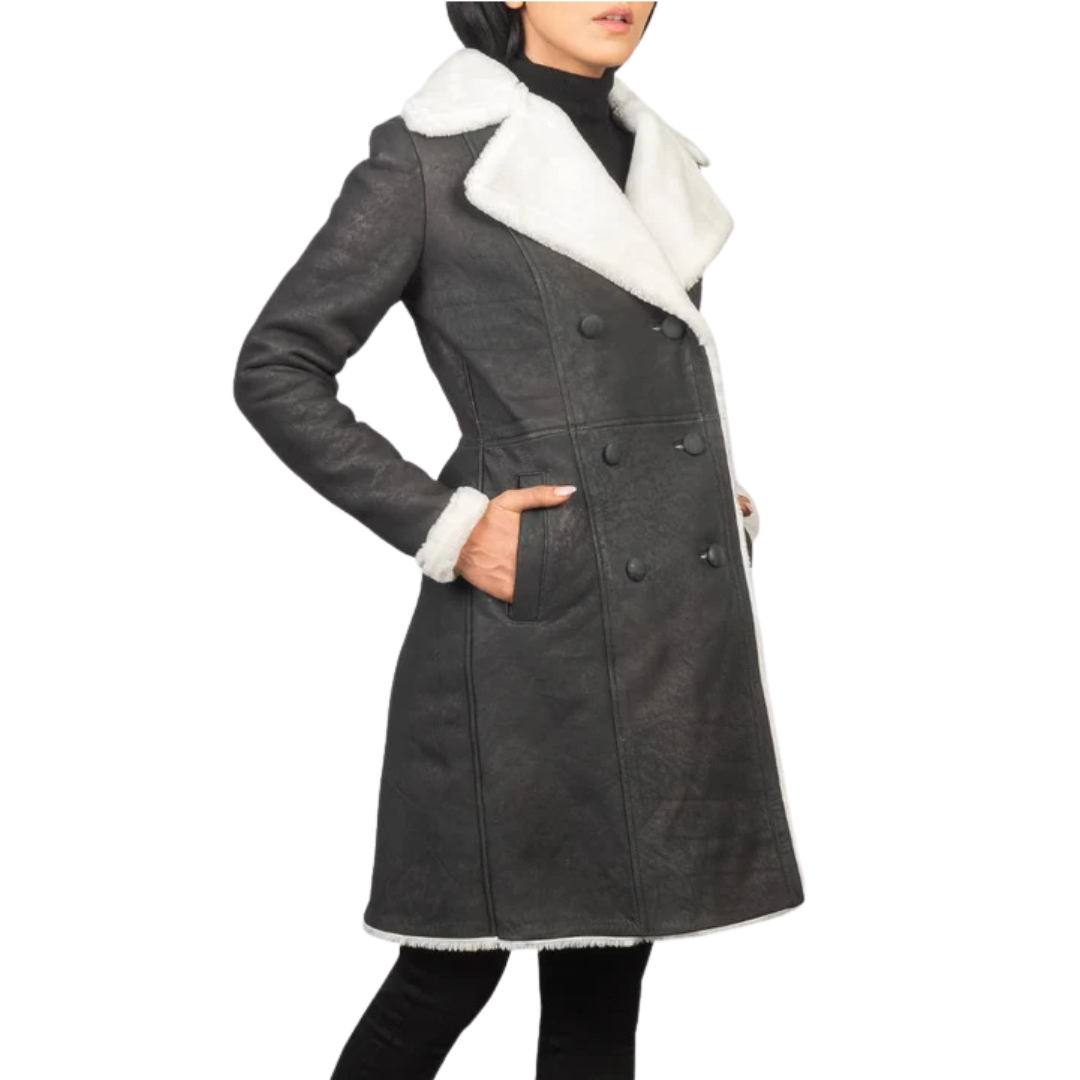 Amie Black Double-Breasted Shearling Coat for Women
