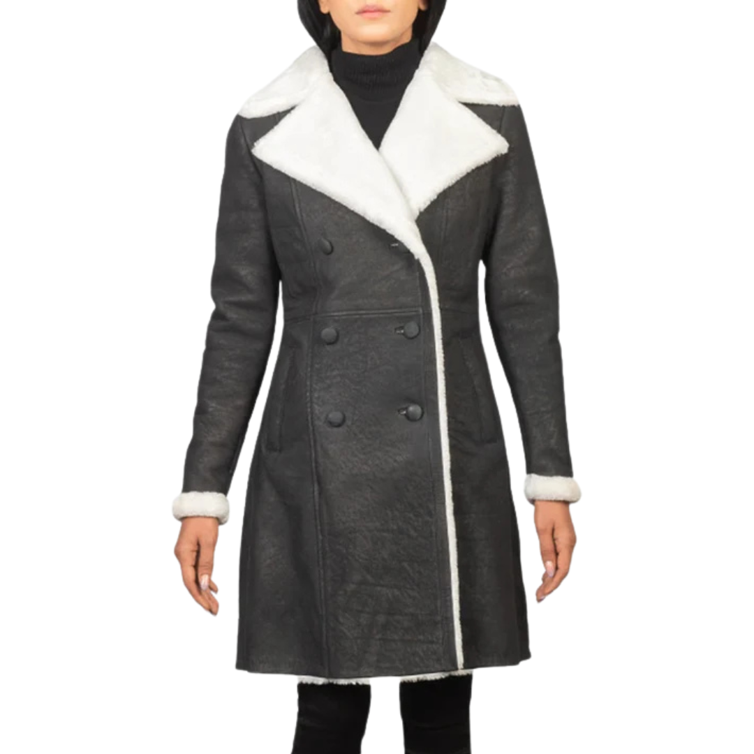 Amie Black Double-Breasted Shearling Coat for Women