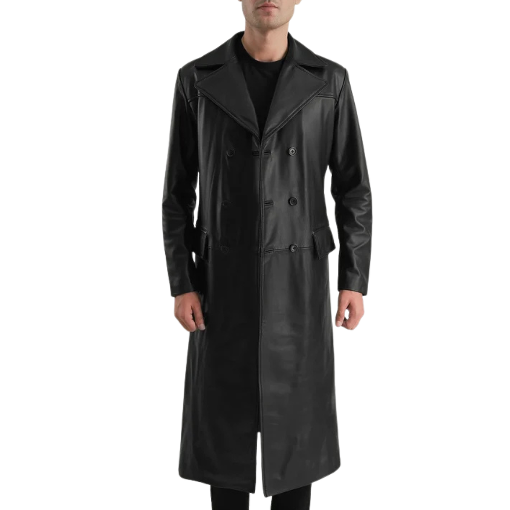 Delmar Black Leather Double-Breasted Coat for Men