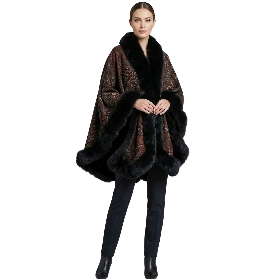 Paisley Print Cashmere Cape with Black Fox Fur Trim
