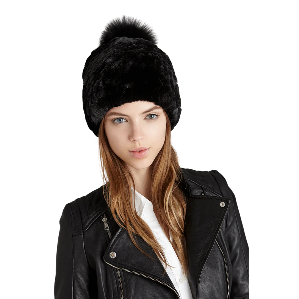 Harper Black Fur Pom-Pom Hat – Chic Winter Accessory