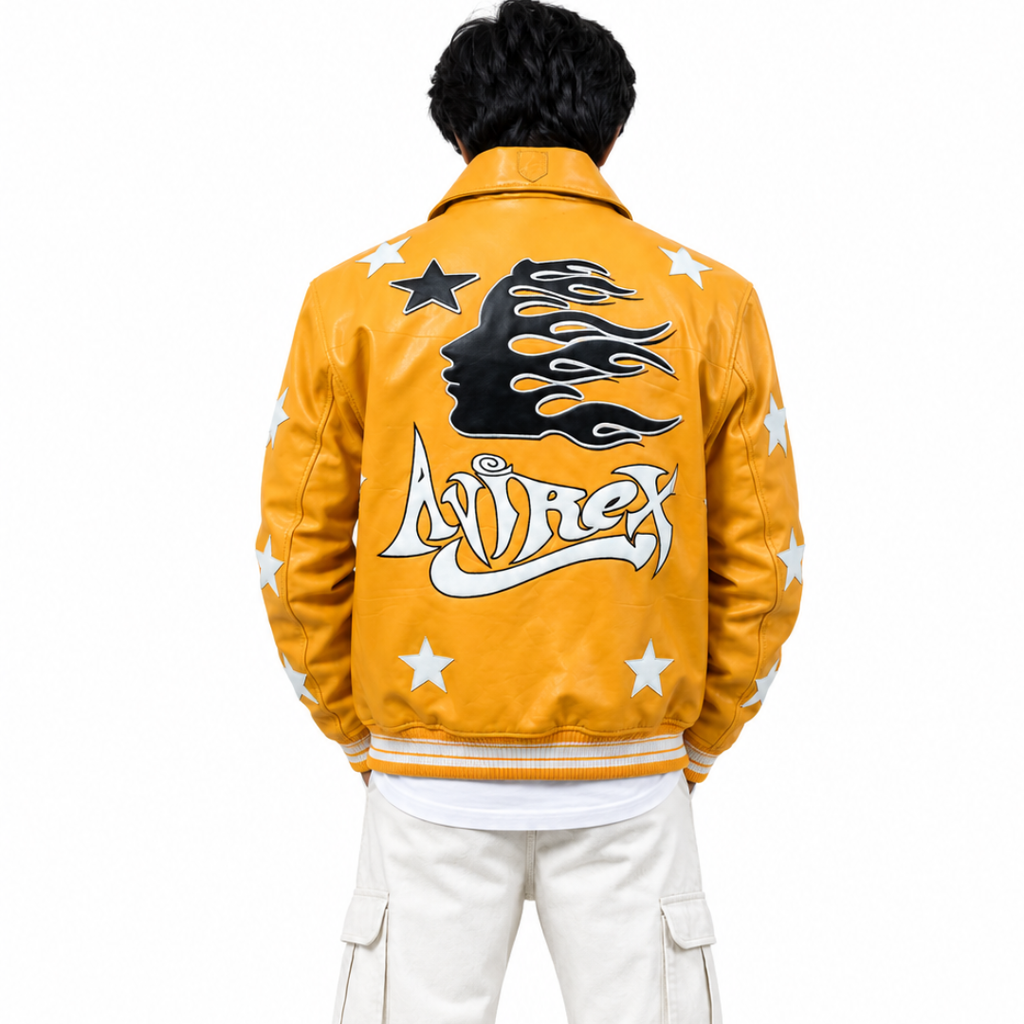 Yellow Star Patch Leather Jacket for Men – Streetwear