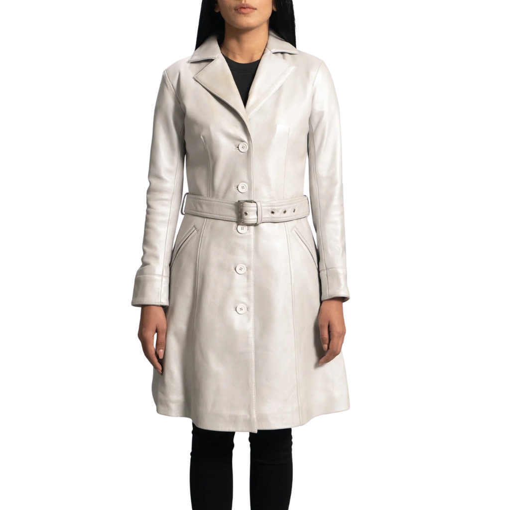 Moonlight Silver Leather Trench Coat for Women